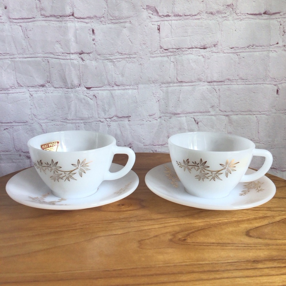 Vintage Federal Glass Golden Bamboo Cup and Saucer - Set of 2